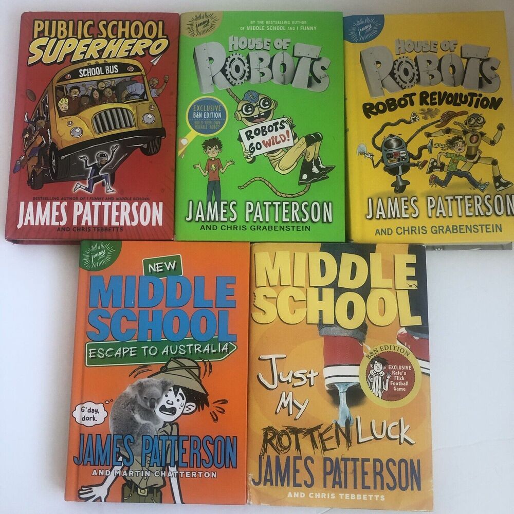 James Patterson Kids Books Lot Bundle of 5 Middle School,‎ Robots, Superhero